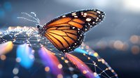 Monarch butterfly with glowing wings and magical light trails against dark background with bokeh effects and sparkles, creating ethereal atmosphere.