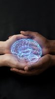 Protective hands holding glowing holographic brain with neural networks on dark background representing mental health care and cognitive protection.