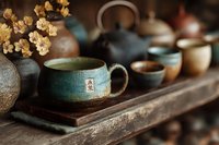 Handcrafted ceramic tea cup with rustic turquoise glaze on wooden tray, artisan pottery collection with dried flowers for cozy home decor and mindful tea ceremony.