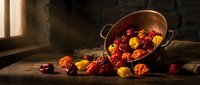 Copper bowl filled with colorful dried chili peppers spilling onto rustic wooden table in warm natural lighting for culinary and cooking designs.