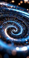 Glowing spiral galaxy formation with blue light trails and golden particles creating cosmic vortex effect against dark background, abstract space visualization.