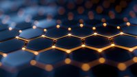 Glowing hexagonal grid pattern with golden light effects on dark background, abstract technology network concept with bokeh elements and depth of field.