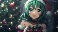 Young anime girl with green hair and Santa hat holding Christmas gift against decorated tree background with falling snow and ornaments. Festive holiday illustration.