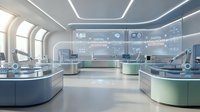 Futuristic digital ecosystem laboratory interior with curved workstations, holographic displays and modern LED lighting for technology presentations.