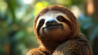 Close up portrait of brown-throated three-toed sloth with gentle expression against blurred natural green background, showing distinctive facial features and fur texture.