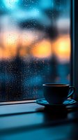 Coffee cup on windowsill with raindrops during storm with warm bokeh lights creating cozy atmosphere for relaxation and contemplation moments.