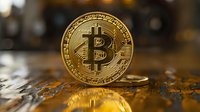 Golden Bitcoin cryptocurrency coin on reflective wooden surface with blurred background, symbolizing digital finance and blockchain technology.