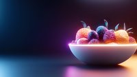 Fresh mixed berries in white bowl with dramatic colorful lighting for culinary and food photography projects.