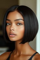 Young Asian woman with sleek black bob haircut and natural makeup wearing black top, looking directly at camera. Professional beauty portrait with soft lighting.
