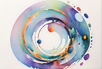 Abstract watercolor spiral composition with vibrant rainbow colors and floating dots creates dynamic movement perfect for modern design projects and creative backgrounds.