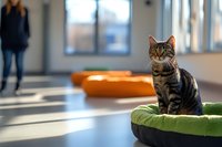 Tabby cat sitting attentively in green pet bed at modern daycare facility with orange beds and blurred person in background. Natural lighting through windows creates cozy atmosphere.