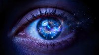 Cosmic eye with galaxy reflection in blue iris surrounded by starry universe skin texture for fantasy and science fiction concepts.
