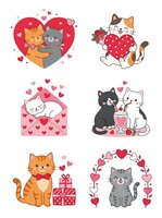 Cute cats in love celebrating Valentine's Day with hearts, gifts, and romantic gestures. Isolated cartoon characters ready for greeting cards, t-shirts, and festive designs.