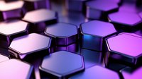 Metallic hexagonal shapes with purple and blue gradient lighting create dynamic technological pattern background for modern tech and gaming designs.