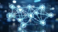 Digital healthcare network with glowing hexagonal medical icons connected by luminous lines on a dark blue tech background.