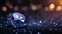 Sparkling blue diamond on dark glittering surface with bokeh lights in background creates luxurious atmosphere for jewelry and precious stone concepts.