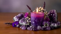 Purple candle surrounded by amethyst crystals, lavender flowers and gemstones creating peaceful spa atmosphere for meditation and wellness rituals.
