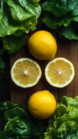 Fresh lemons and green lettuce leaves arranged on wooden background, showcasing whole citrus fruits and halved slices for cooking or healthy eating concept.