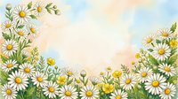 Watercolor chamomile and wildflower border frame with pastel sky background, copy space for text, spring and summer nature design.