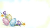 Colorful decorated Easter eggs with spring crocuses on soft pastel background for holiday greeting cards and seasonal design projects.