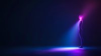 Silhouette of person standing in dramatic neon lighting with purple and blue glow effects on dark background for modern digital art and design projects.