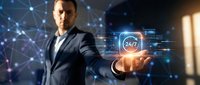 Professional businessman presenting digital 24/7 customer support service with holographic interface and network connections in modern office environment.