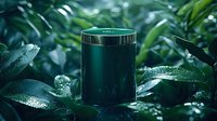 Dark green metallic container surrounded by wet tropical leaves with water drops in moody natural lighting, creating luxurious eco-friendly product presentation.