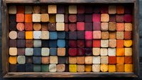Colorful collection of square chalk pastels arranged in wooden box creating artistic mosaic pattern. Various shades and textures showcase vibrant art supplies.