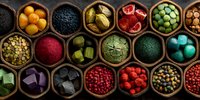 Colorful superfood ingredients arranged in wooden bowls including berries, nuts, seeds, and organic vegetables for healthy cooking and nutrition.