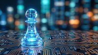 Digital chess pawn with global network connections on circuit board representing AI strategy, technology leadership and business intelligence solutions.
