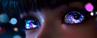Mesmerizing cosmic eyes with glowing galaxy pattern and sparkles against dark background, featuring African American female model in dramatic macro photography.