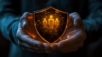 Glowing golden shield with family silhouette held in protective hands against dark background, symbolizing security and protection for loved ones.