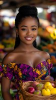 Young African woman in colorful off-shoulder dress with butterfly print smiling at farmers market, holding basket of fresh fruits against blurred produce background.