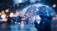 Magical transparent umbrella with glowing bokeh lights and raindrops against dark night city background, creating dreamy atmospheric scene.