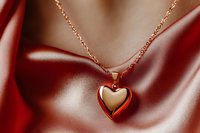 Golden heart pendant necklace on delicate chain against luxurious red silk fabric background with soft folds creating romantic Valentine's day composition.