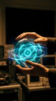 Hands holding glowing atom model with blue energy waves in laboratory setting, representing nuclear science, physics research, and technological innovation.