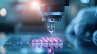 Microscope lens focusing on glowing pink molecular structure in laboratory setting with blue bokeh background for scientific research and biotechnology concept.
