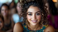 Young woman with curly dark hair and radiant smile wearing teal top, looking directly at camera with natural makeup and confident expression against blurred background.