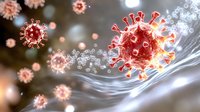 Red coronavirus cell structure with protein spikes floating in microscopic environment among white smoke waves and blurred particles on dark background.