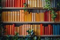 Vintage hardcover books arranged by color on wooden shelves with decorative green plants, creating rainbow spectrum display in library or bookstore setting.