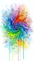 Colorful watercolor swirl with technology icons and circuit patterns flowing downward creating dynamic digital transformation concept for creative projects.