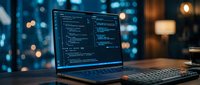 Modern laptop displaying programming code on screen in cozy evening workspace with warm lighting and city bokeh background for software development.