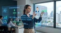 Professional businesswoman interacting with futuristic holographic interface displaying data analytics and virtual assistant in modern office setting.