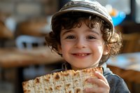 Smiling child with curly hair wearing cap holds traditional matzo bread during Jewish Passover celebration in warm indoor setting.