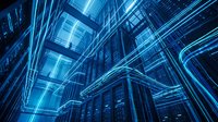 Futuristic digital architecture with glowing neon blue lines and geometric structures creating a cyberpunk cityscape. Suitable for tech, innovation, and digital transformation concepts.