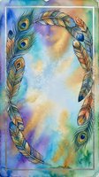 Watercolor boho frame with peacock and tribal feathers on colorful blue, gold, and purple background with copy space for text.