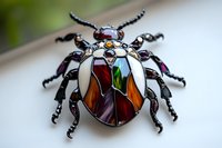 Decorative beetle brooch with stained glass design featuring vibrant colors and intricate metalwork details. Artisan jewelry piece photographed in macro view.