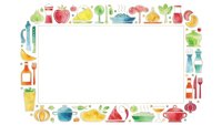 Colorful kitchen utensils and food items frame border on white background. Cooking tools, fruits, vegetables create decorative rectangular space for text.