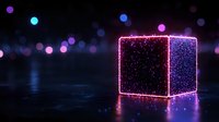 Glowing neon cube with pink and blue light effects on dark background with bokeh lights, creating futuristic and magical atmosphere for technology concepts.