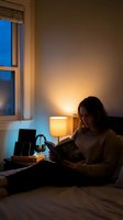 Young woman reading book in cozy bedroom at evening with warm lamp light creating peaceful atmosphere for relaxation and leisure time.